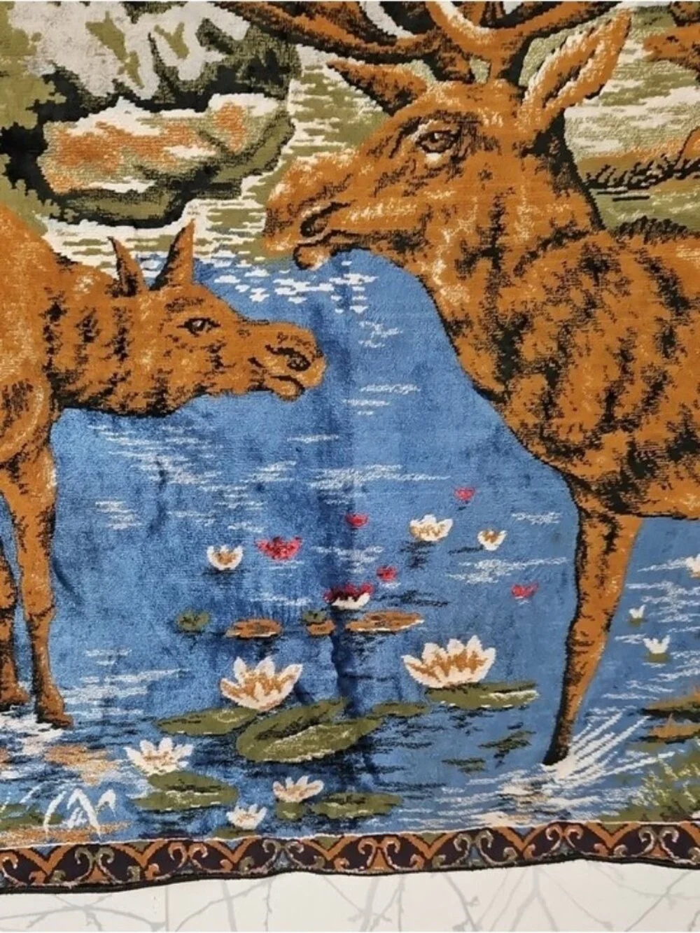 Vintage Deer Drinking Water In Forest Woodland Velvet Rug Wall Hanging 68